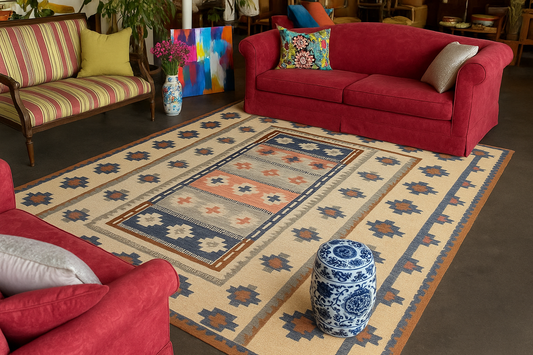 Vintage "Rococo" Flat Weave Rug by Anna-Greta Sjöqvist – Scandinavian Geometric Carpet – Handwoven Yarrow Area Rug