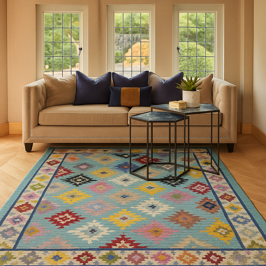 Pastel Aqua Kilim Rug with Bright Accents – Handcrafted,Handwoven Multicolor Kilim Rug