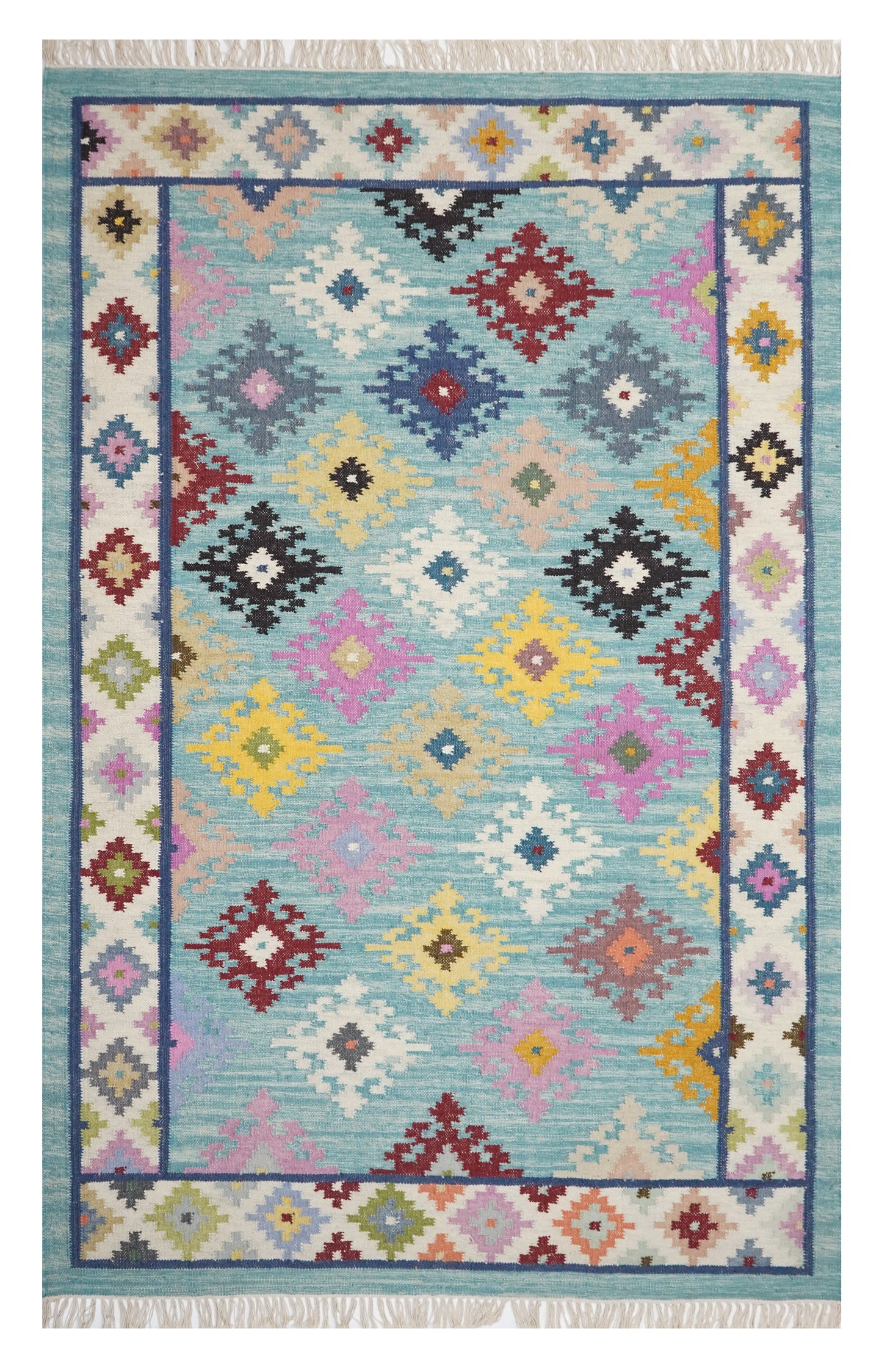 Pastel Aqua Kilim Rug with Bright Accents – Handcrafted,Handwoven Multicolor Kilim Rug