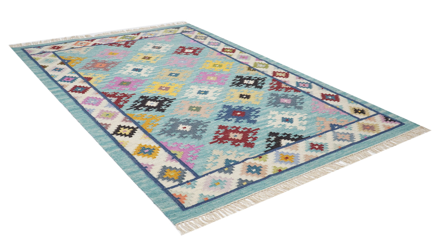 Pastel Aqua Kilim Rug with Bright Accents – Handcrafted,Handwoven Multicolor Kilim Rug