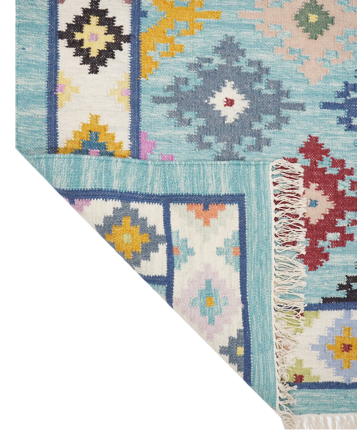 Pastel Aqua Kilim Rug with Bright Accents – Handcrafted,Handwoven Multicolor Kilim Rug