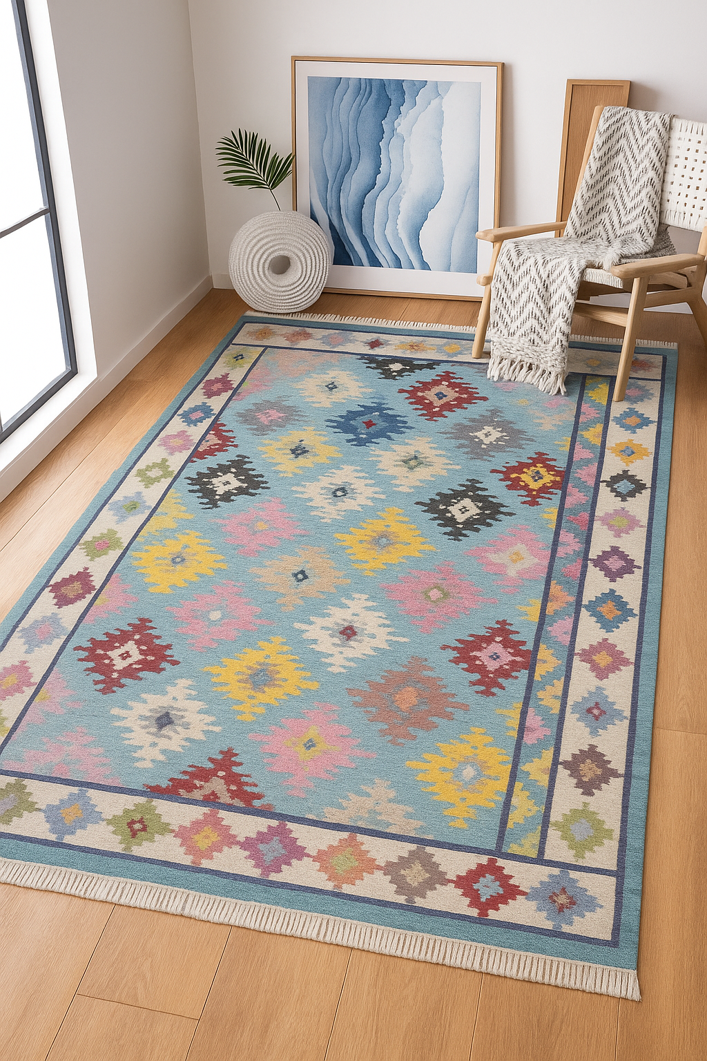 Pastel Aqua Kilim Rug with Bright Accents – Handcrafted,Handwoven Multicolor Kilim Rug
