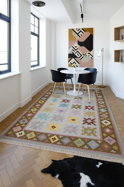 Handwoven Bohemian Kilim Rug – Multiple Sizes | Vintage Pastel Tribal Flatweave Wool
