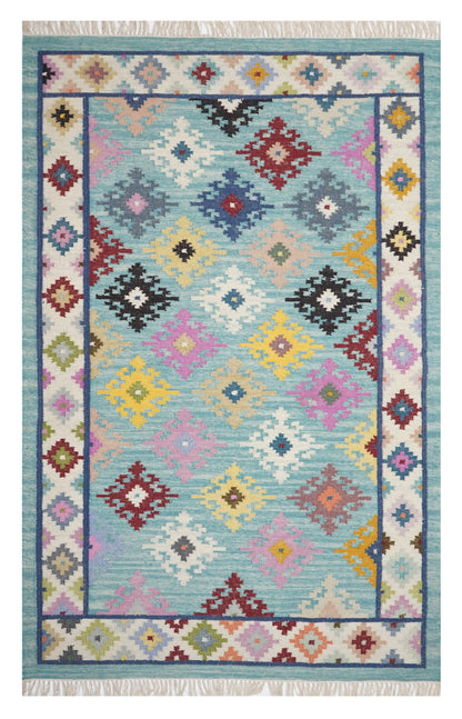 Pastel Aqua Kilim Rug with Bright Accents – Handcrafted,Handwoven Multicolor Kilim Rug