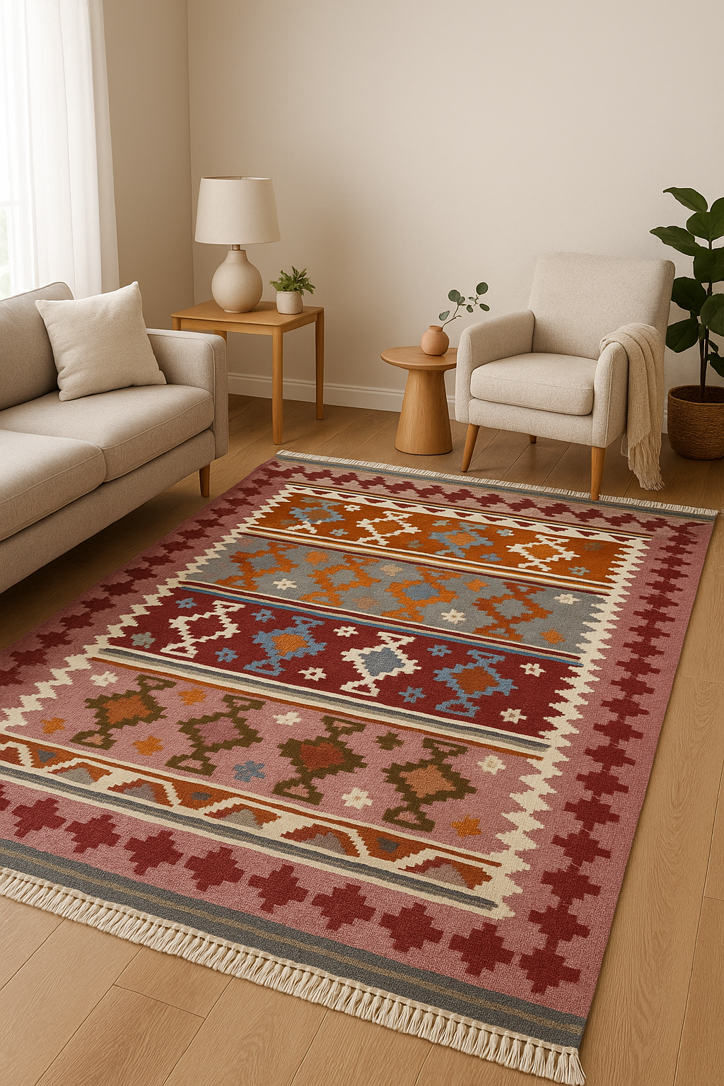 Handwoven Pastel Kilim Rug | Flatweave Area Carpet | Geometric Tribal Design
