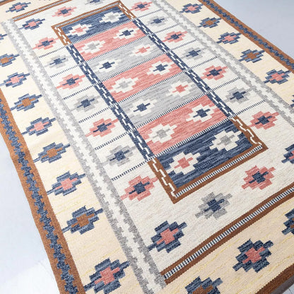 Vintage "Rococo" Flat Weave Rug by Anna-Greta Sjöqvist – Scandinavian Geometric Carpet – Handwoven Yarrow Area Rug